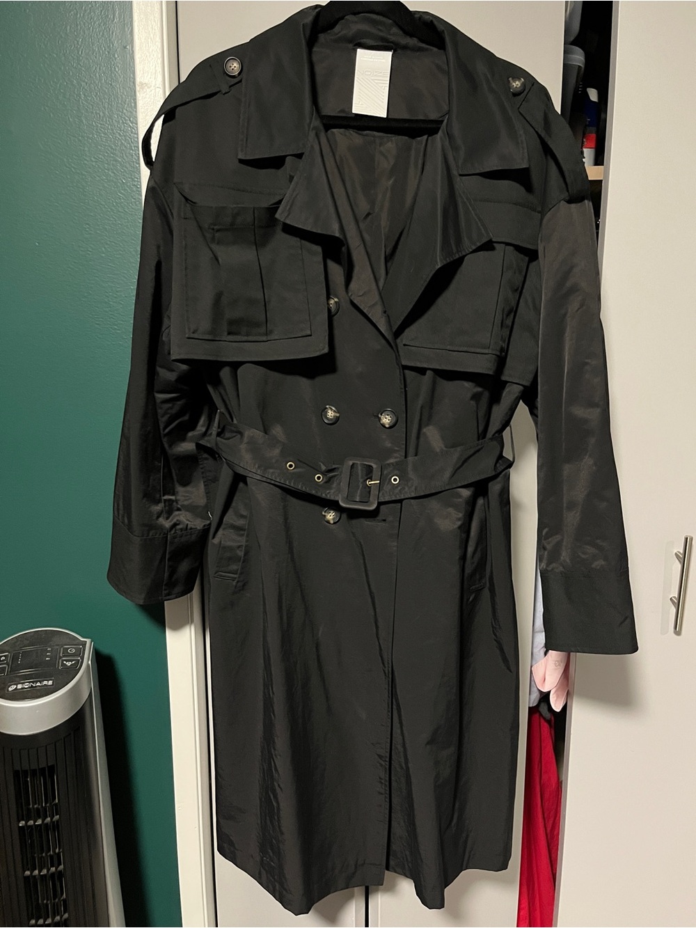 Noize Black Double-Breasted Trench Coat with Belt